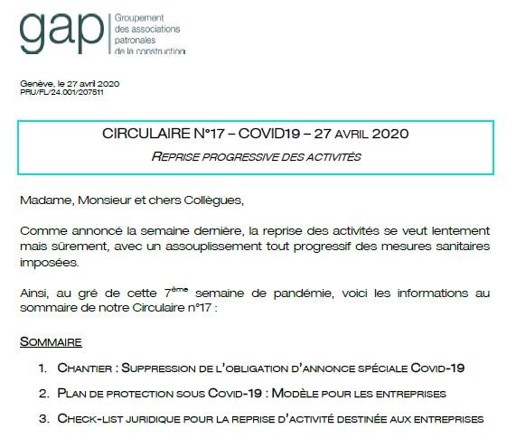 Circulaire n°17 – Reprise progressive des activités – 27 avril 2020